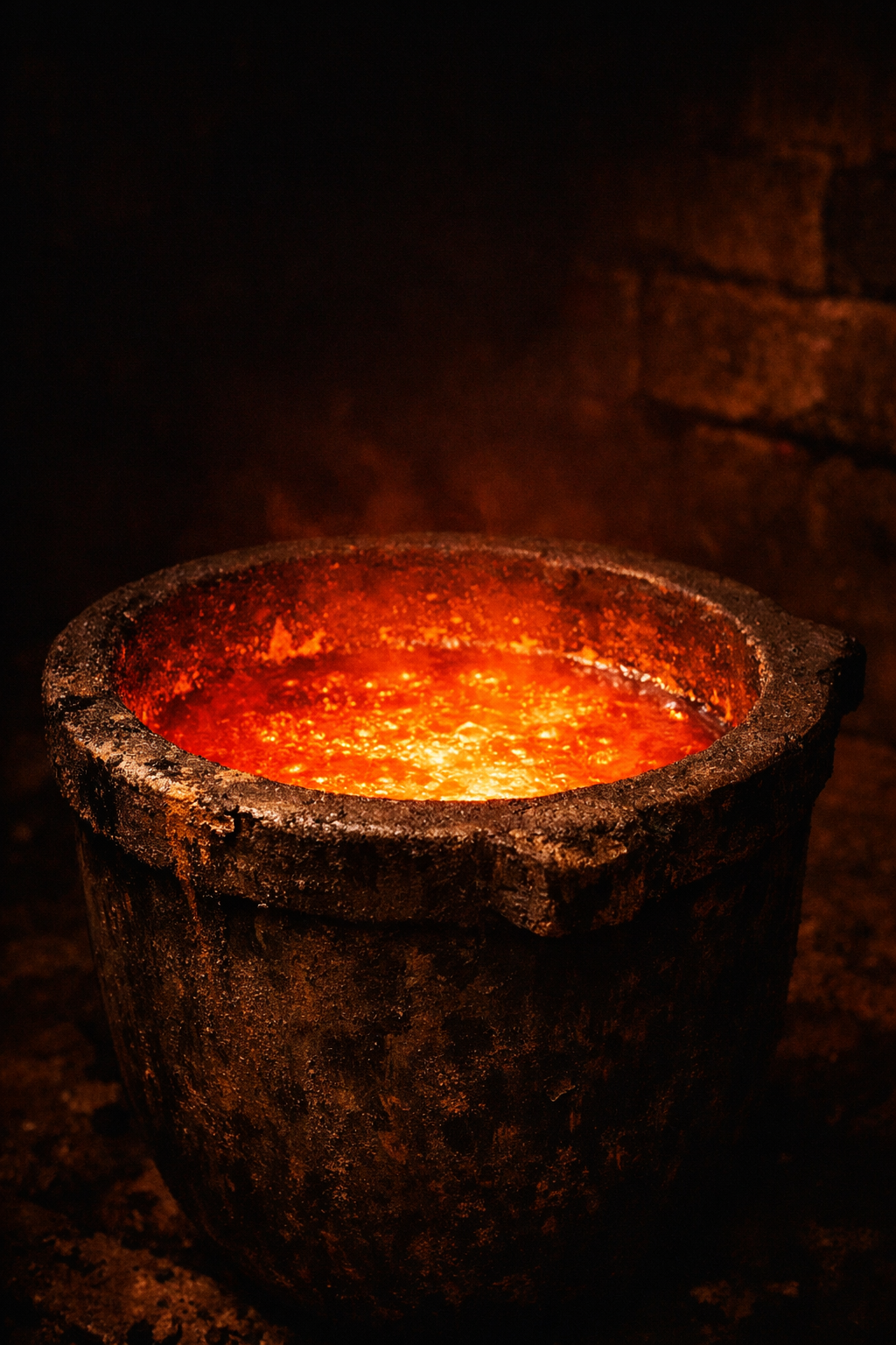 A molten crucible glowing with intense heat in a darkened foundry.